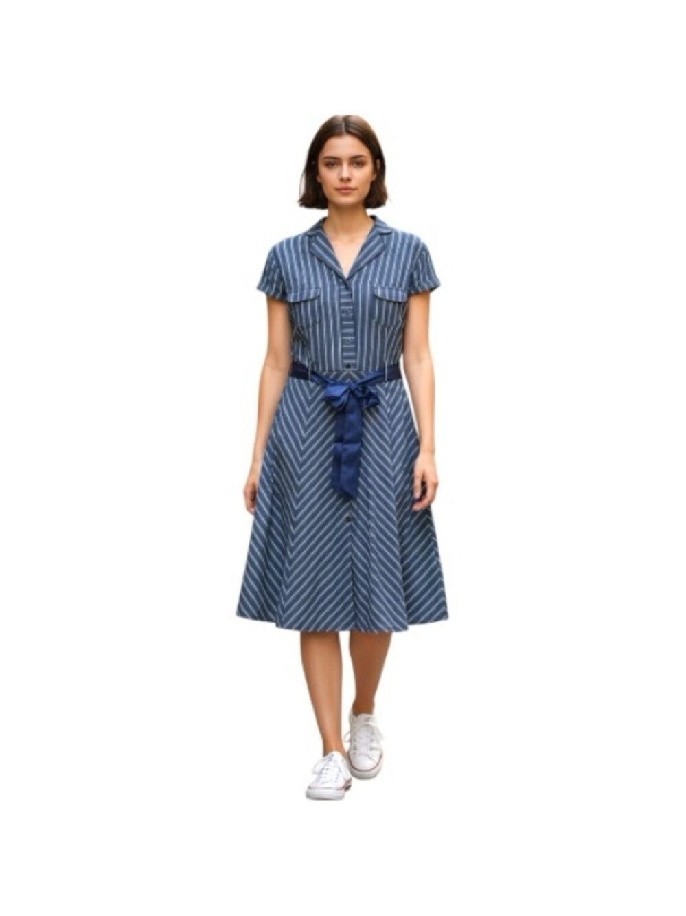 Retro Blue Striped Swing Dress Sz S/M Cap Sleeve Satin Belt Pinups 50s
